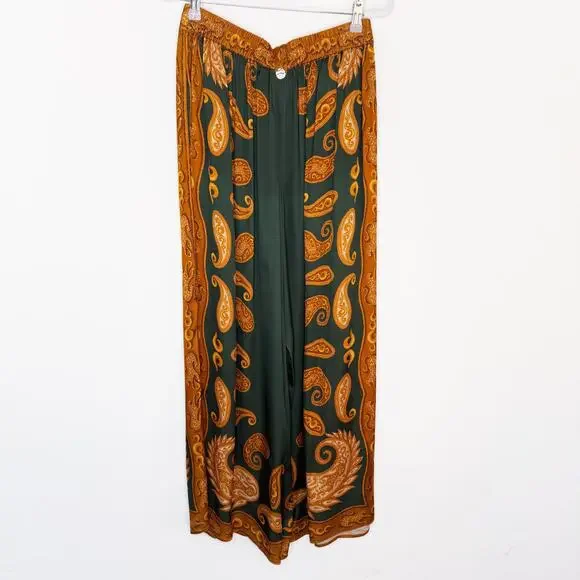 NWT Anthropologie Farm Rio Printed Wide Leg Green Gold Cheetah Satin Pants Med - Picture 15 of 15